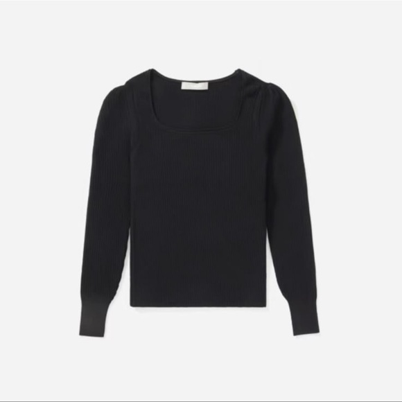 Everlane The Square Neck Long Puff Sleeve Ribbed Knit Sweater Top Black Small - Picture 4 of 9